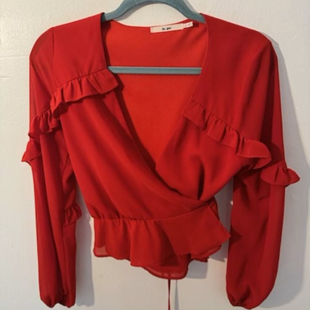 Francesca's | Mi Ami Red Wrap Long Sleeve Ruffle Blouse